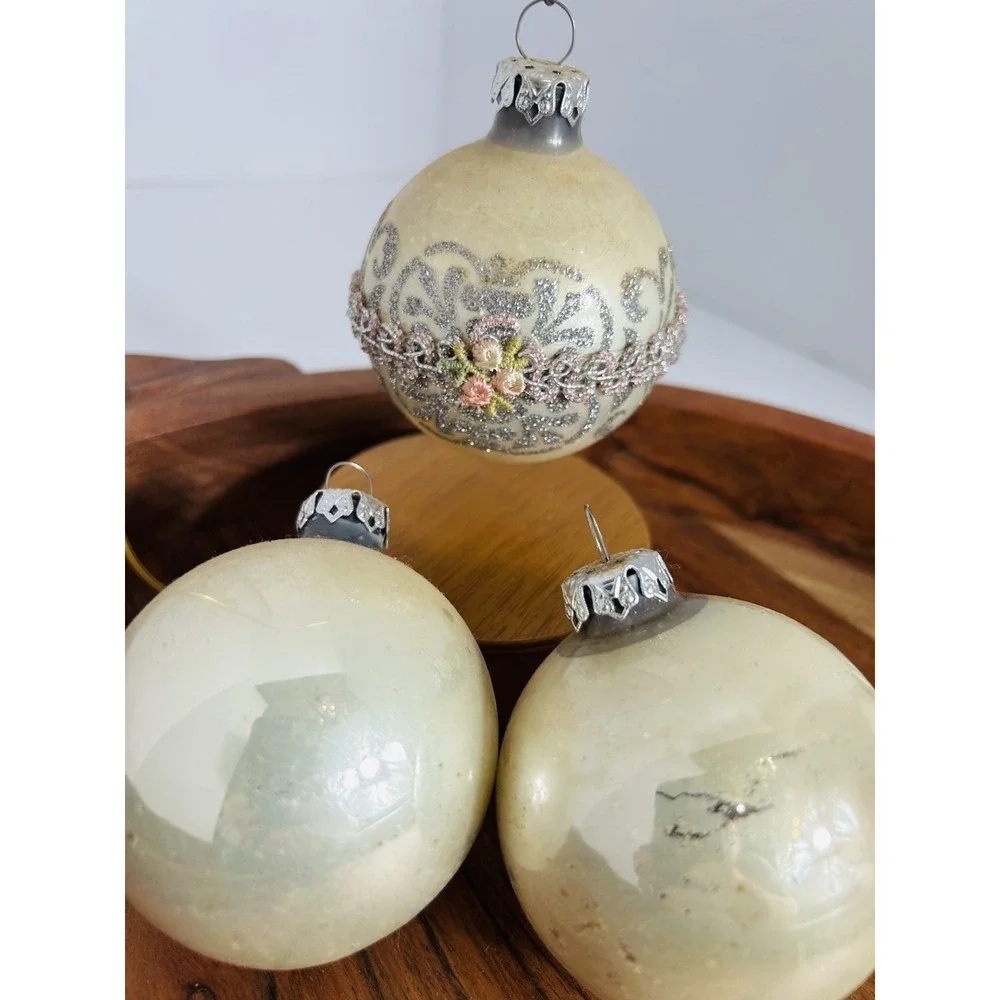 Vintage Krebs Victorian Glass Christmas Ornament Set Stunning Pearl Ivory Silver